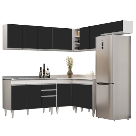 Armário de Cozinha Modulado de Canto 7 Peças Cp21 com Pia Inox Branco/preto - Lumil Lumil Móveis