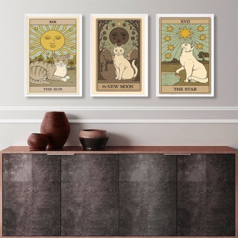 Kit 3 Quadros Cartas Tarot Gatos- The Sun, The Moon, The Star 24x18cm - com Vidro:madeira Preta