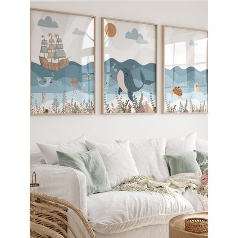Kit 3 Quadros Infantil Animais Fundo Oceano Quarto Bebê Menino 40x60 Moldura Madeira NO5