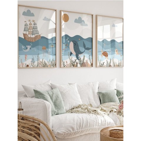 Kit 3 Quadros Decorativos Infantil Animais Fundo Oceano No5