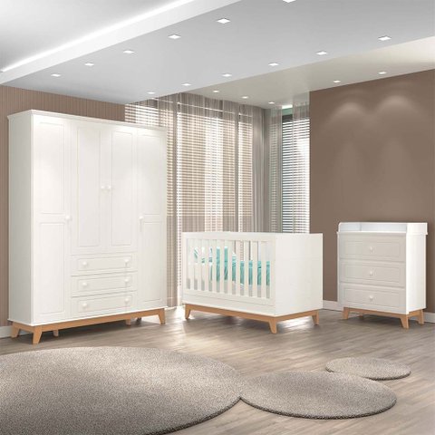 Quarto Infantil Triplo 100% Mdf Tuboarte com Berço 2 em 1 Lucca Guarda-roupas Henry e Cômoda Natan
