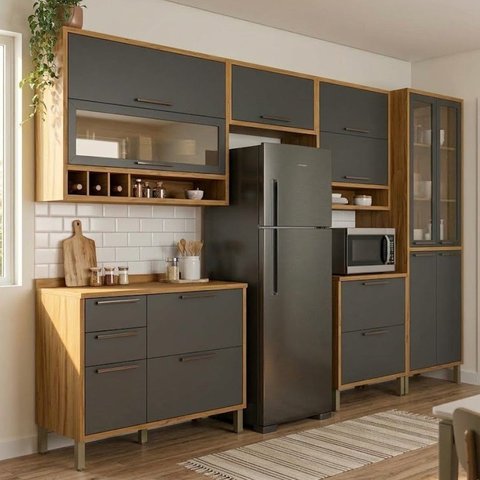 Cozinha Completa Modulada 100% MDF 6 Peças 12 Portas e 4 Gavetas com Vidro e Tampo 354x225x47cm