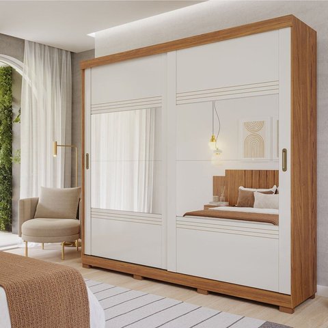 Guarda-Roupa Casal 2 Portas de Correr com 4 Espelhos e Pés 243cm 100% MDF Marsala Espresso Móveis Bege/Cinamomo/Off White