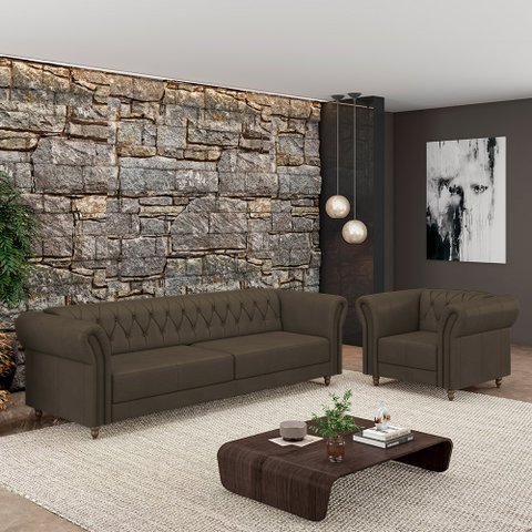 Conjunto Sala de Estar 1 Sofá Living 200cm e 1 Poltrona Stanford Chesterfield Pés Madeira Couro Capu