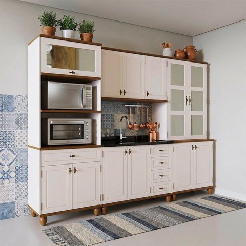 Cozinha Completa Modulada 5 Gavetas Joy Branco/Off White/Nogueira