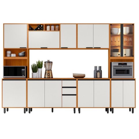 Cozinha Modulada Ravena 6 Peças com Cristaleira e Led - Freijó Uv/off Acetindo Poliman