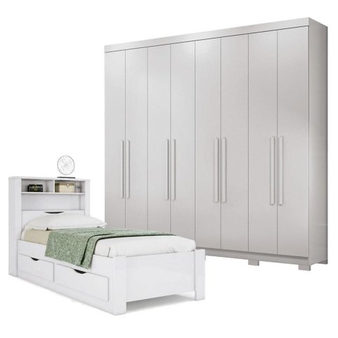 Guarda Roupa Casal Master New 8 Portas de Bater 4 Gavetas MDP Branco Brilho com Cama Solteiro Santos