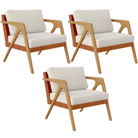 Kit 03 Poltronas Decorativas Sala Estar Pietra L02 Couríssimo Camel Linho Champagne - Lyam Decor