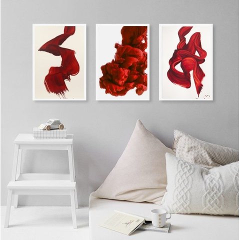 Kit 3 Quadros Decorativos Minimalistas Abstratos Vermelhos 33x24cm - com Vidro:madeira Preta