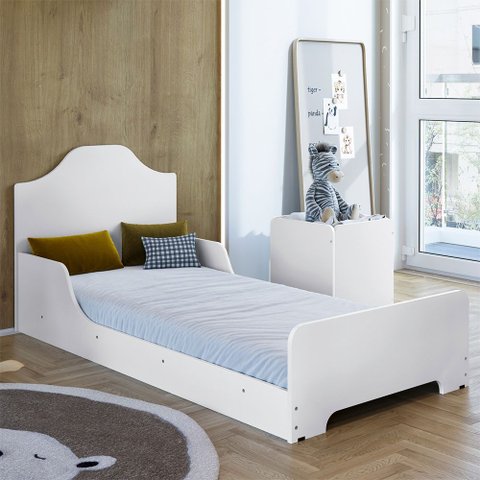 Cama Infantil Montessori Baixa com Cabeceira e Proteção Lateral Mdf para Quarto Criança - Branco