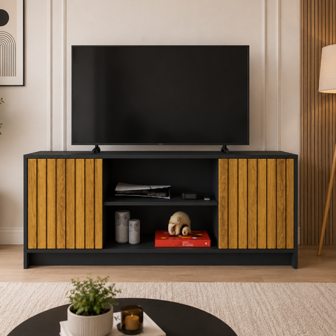 Rack para TV com Nicho Organizador até 60 Polegadas Life - Preto/Ripado