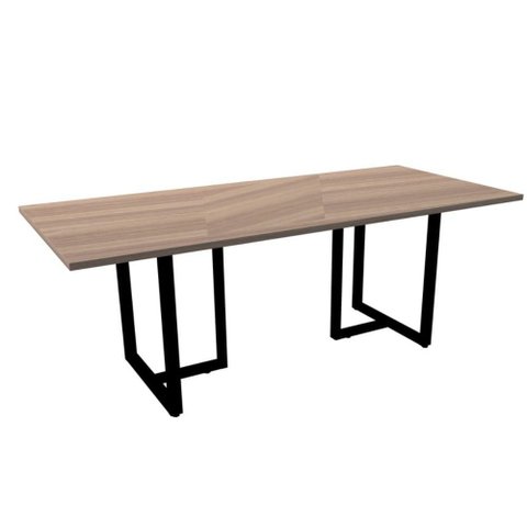 Mesa de Reunião Redonda 110x110cm Pé Painel Pe25 em MDP Cor Walnut e Base Branca