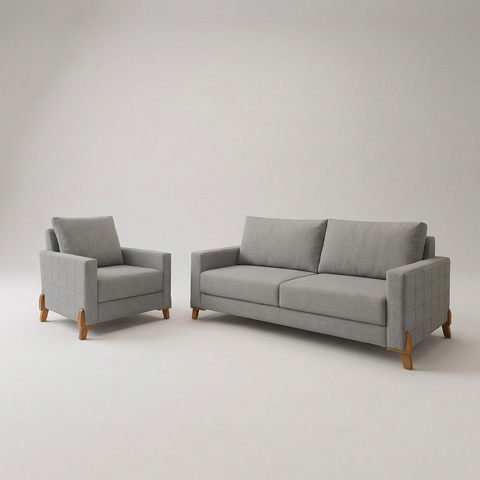 Kit Conjunto Sofá 02 Lugares Living Topázio e Uma Poltrona Tecido Linho Cinza Claro 2,00m