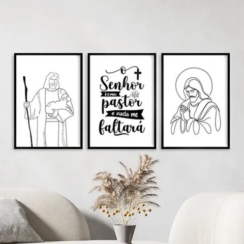 Kit 3 Quadros Jesus Minimalista - Meu Pastor 24x18cm - com Vidro:moldura Preta