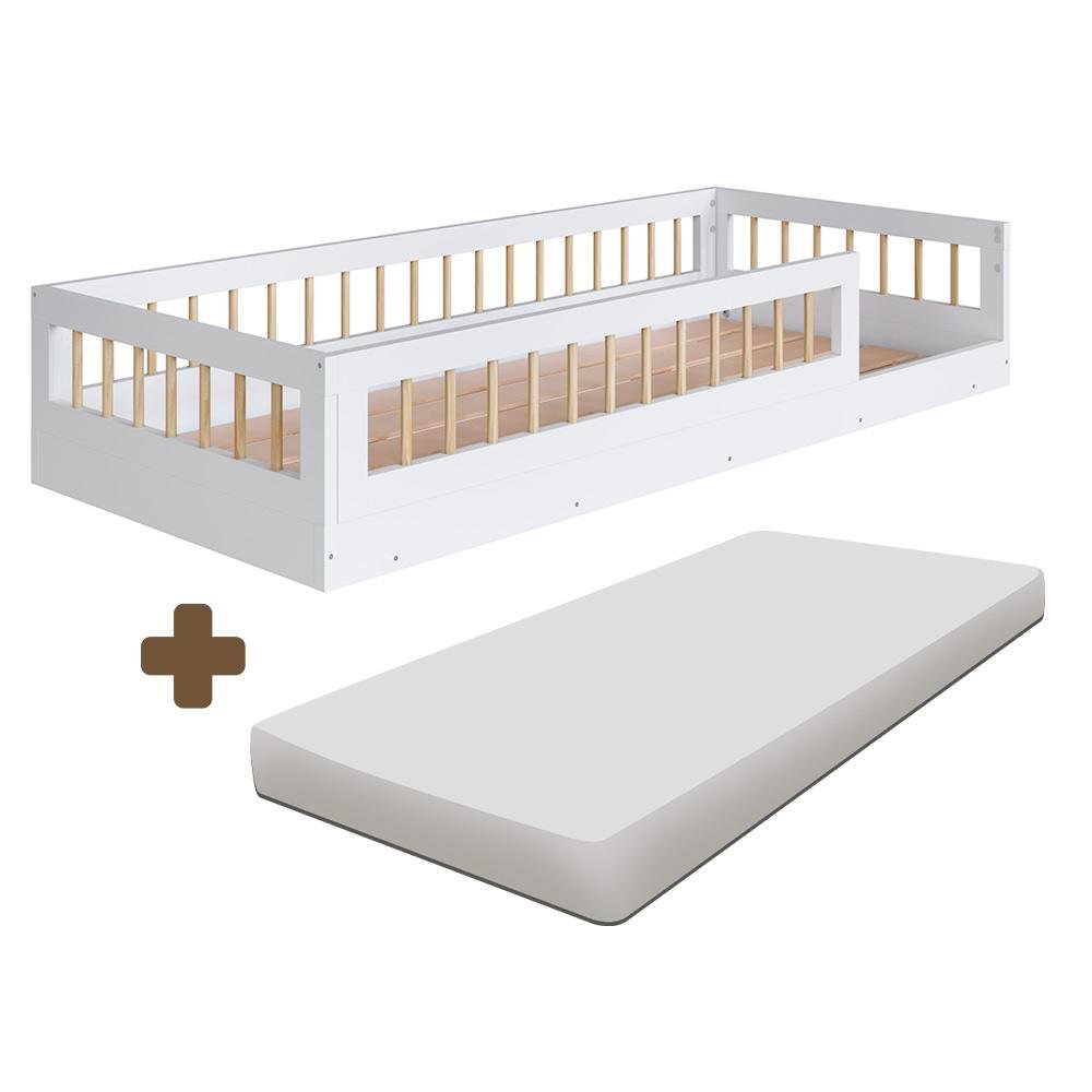 Cama Solteiro Infantil com Grade de Proteção 84 X 195 Cm com Colchão Branco Sova Jm Móveis