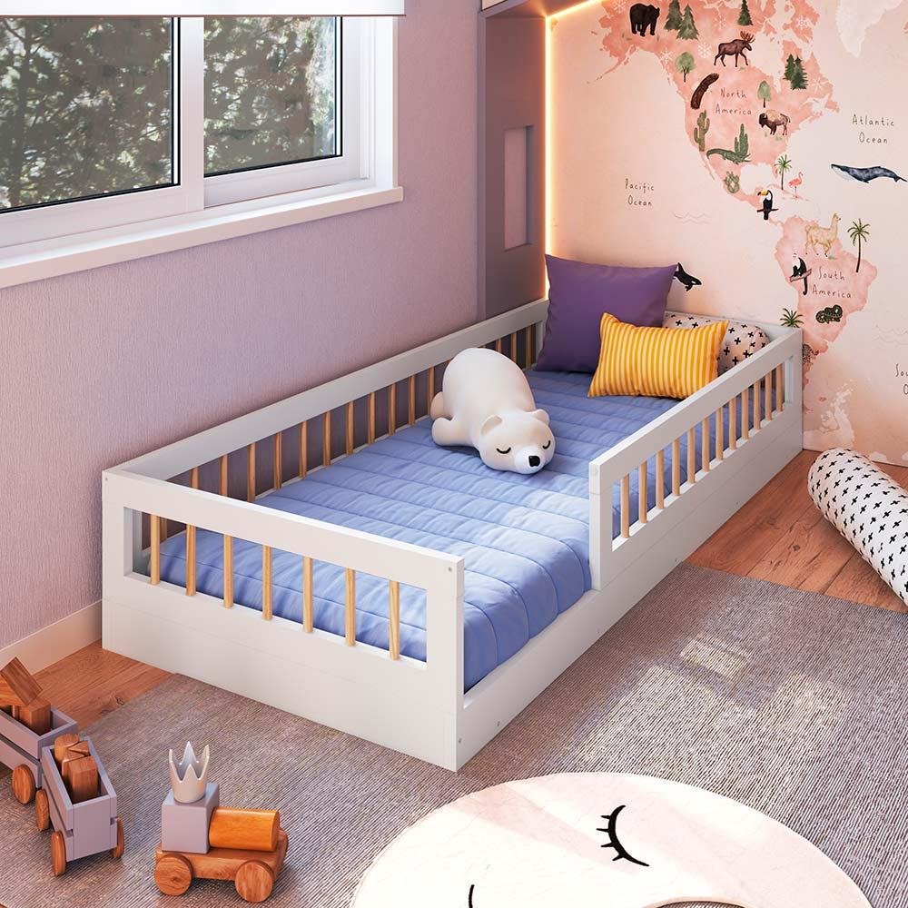 Cama Solteiro Infantil com Grade de Proteção 84 X 195 Cm com Colchão Branco Sova Jm Móveis - 2