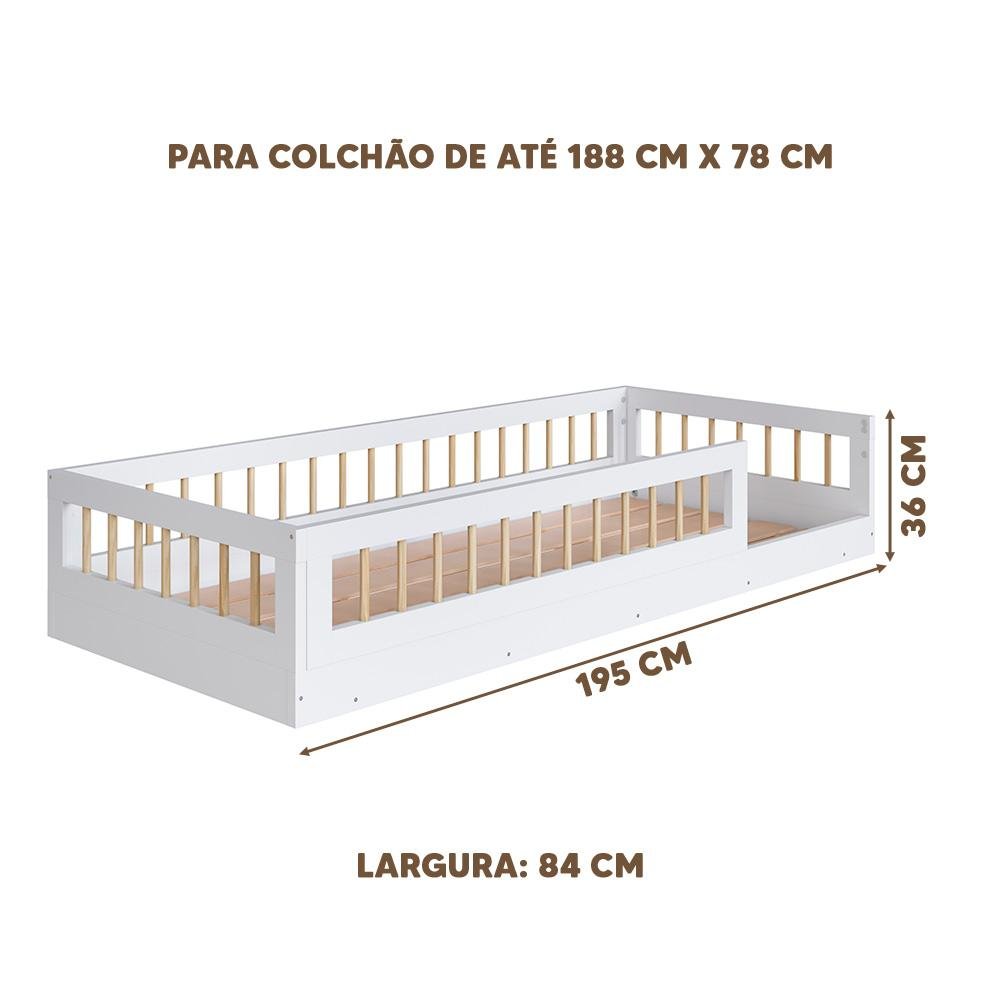 Cama Solteiro Infantil com Grade de Proteção 84 X 195 Cm com Colchão Branco Sova Jm Móveis - 4