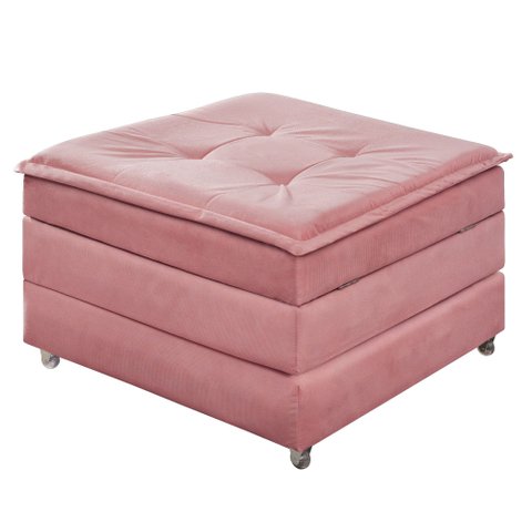 Puff Solteiro Rosa que Vira Cama Estofado D23 com Rodízios e Bau para Visitas