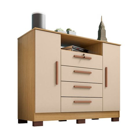 Cômoda Rack para Quarto 2 Portas e 4 Gavetas Lolla Carvalho/off White - Pallazio