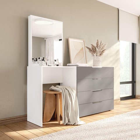 Cômoda Penteadeira Madri 4 Gavetas c/ Espelho 149x160cm Cinza/Branco 250806