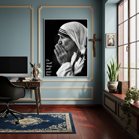 Quadro Retrato em Preto e Branco de Madre Teresa - 70x50cm:moldura Branca