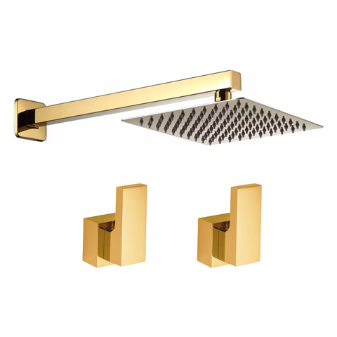 Kit Ducha Quadrada 20x20 Slim Ultra Fina e 2 Acabamentos para Registro Base Deca até 1'' Pol Dourado