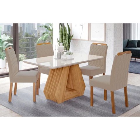 Conjunto: Mesa de Cozinha Ágata C/ Tampo Madeirado C/ Vidro 130x80cm + 4 Cadeiras Paola Wood