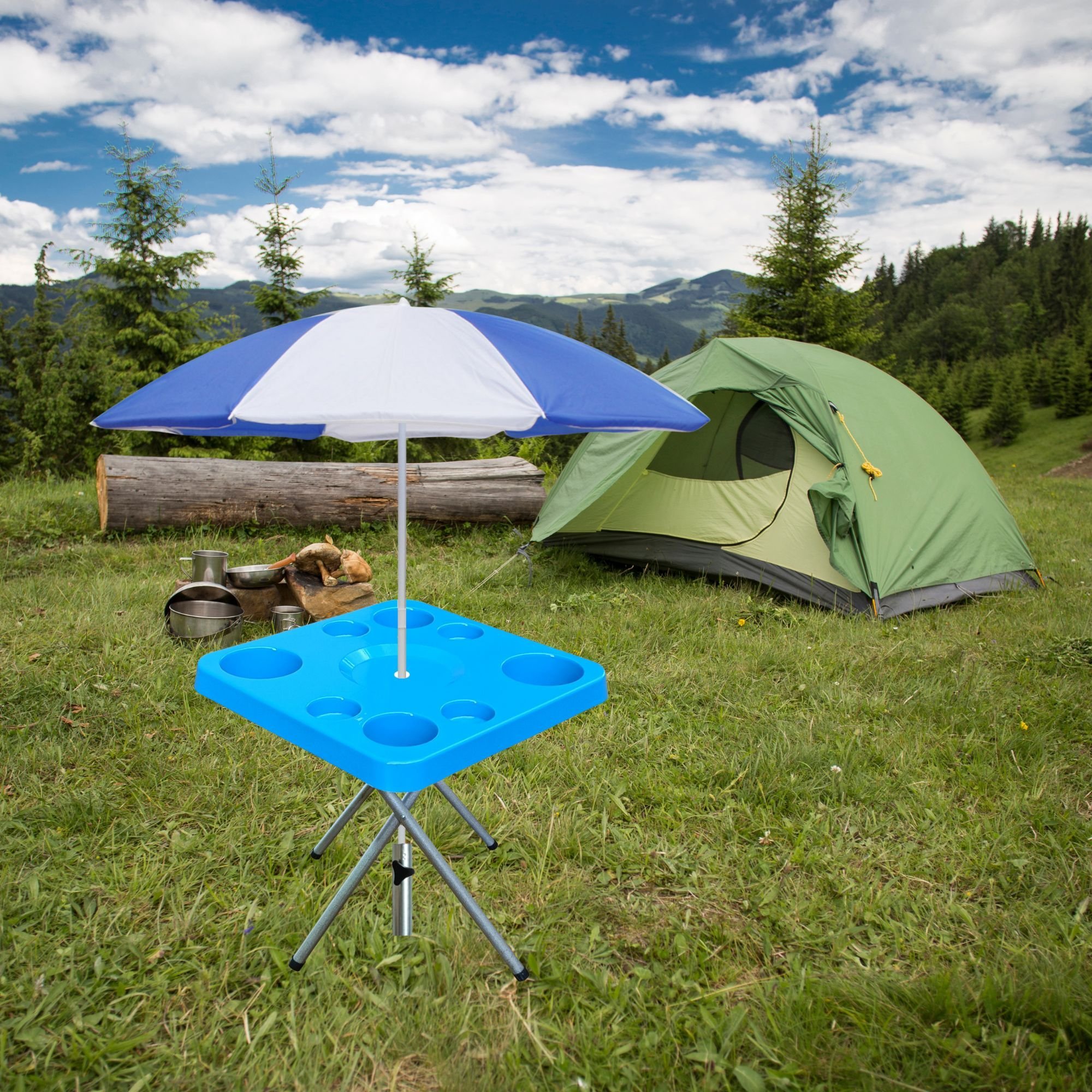 Mesa Praia Petisqueira Dobravel e Suporte Guarda Sol Chão Cor:azul - 6