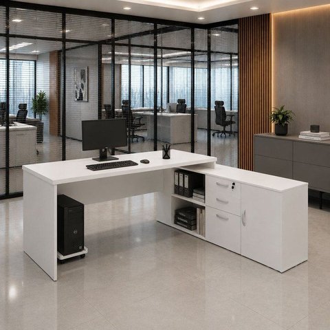 Mesa de Escritório Pedestal Presidente em L 170x160cm Executiva Tampo 30mm Armário Lateral 3 Gavetas