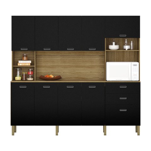Armário de Cozinha Compacta 10 Portas e 2 Gavetas 222cm Sense Freijó/preto - Pallazio