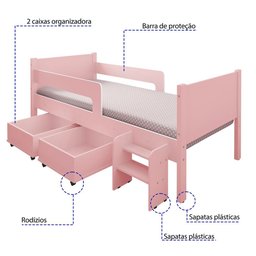 Cama Solteiro com 2 Baus Organizador e Escada Mdf Luna Plus Branco com Rosa - 2