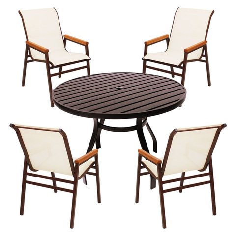 Jogo de Mesa 90cm Resistente 4 Cadeiras Praia em Aluminio Tela Sling para Piscina Jardim Varanda