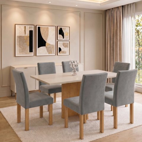 Conjunto de Mesa 6 Lugares Carol com 6 Cadeiras Espanha MDF Cinamomo e Off White