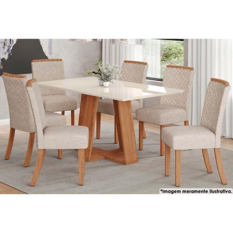 Sala de Jantar Lins com Tampo com Vidro 160x90cm e 6 Cadeiras Malu Nature Veludo Light Linho