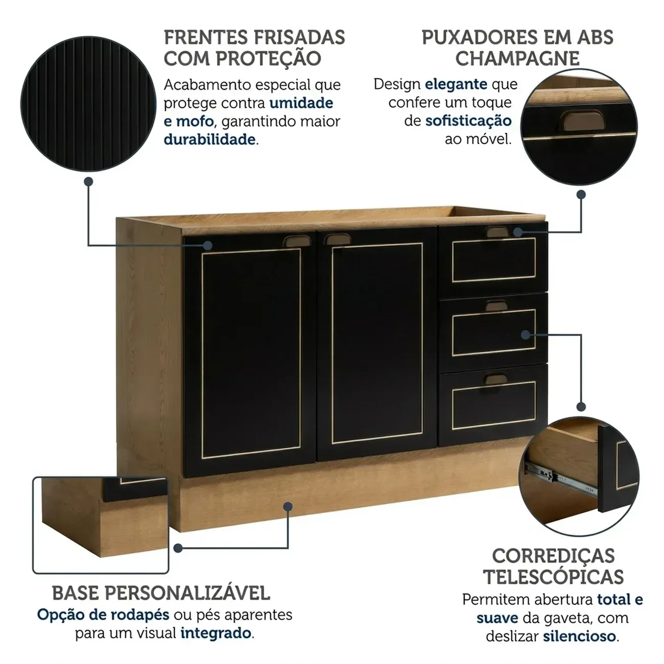 Ver imagem 5 de Balcão para Cozinha 120cm com 2 Portas e 3 Gavetas sem Tampo Conecta Frise Cinamomo/Preto Yescasa