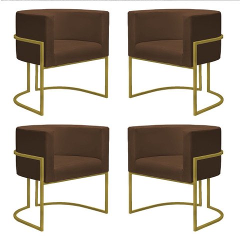 Kit 4 Poltronas Reforçada Decorativa Sala Nayara Base Ferro Dourado Suede Marrom