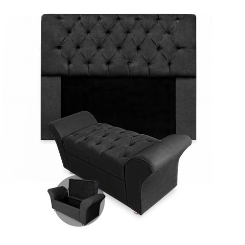 Kit Cabeceira Mirage + Calçadeira Baú Veneza Casal 140cm Suede - Ecotec Decor:Preto