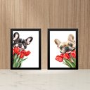 Ver imagem 2 de Kit 2 Quadros Bulldogs Francês Buquê de Flores 24x18cm - com Vidro:moldura Preta