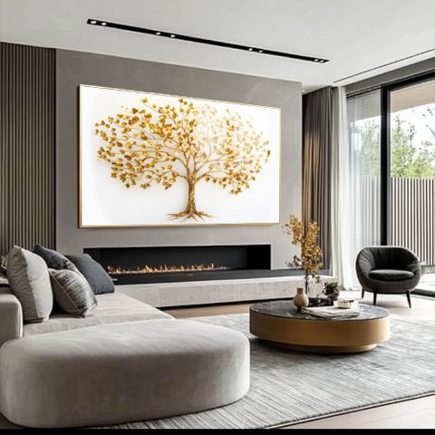 Quadro Arvore da Riqueza: Moldura Dourada Canvas com Vidro/ 120x60