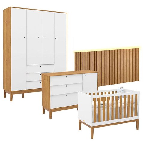 Quarto de Bebê Unique 4 Portas com Cômoda Sapateira e Painel Ripado com Led Branco Soft Freijó Eco W