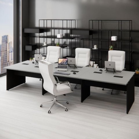 Plataforma de Trabalho para 6 Pessoas 360cm MDP Cinza Sagrado com Preto F5 Office