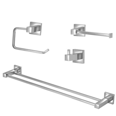 Kit Acessórios Quadrado Banheiro 100% Metal Cromado 4 Peças