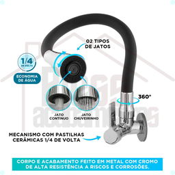 Torneira Gourmet para Cozinha Parede Mesa Pia Cano Flexível Dois Jatos Cano Cone Luxo Preto - 4