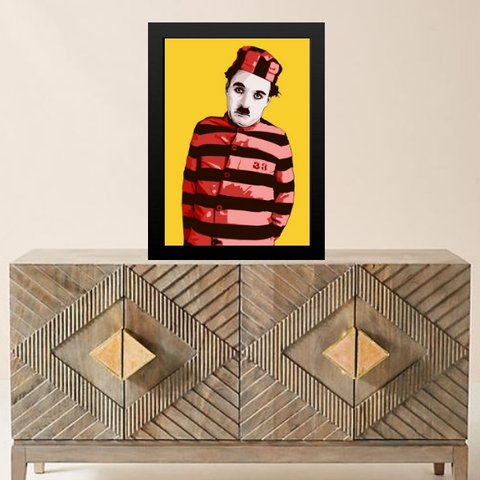Quadro Charlie Chaplin Presidiário 24x18cm - com Vidro:moldura Preta