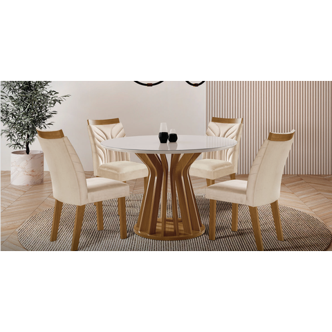 Conjunto de Jantar Mesa Redonda Ilhéus 1,10m e 4 Cadeiras Veneza Creme