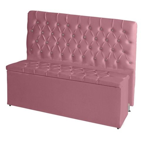Kit de Quarto Cabeceira de Cama Box e Calçadeira Baú Estrela Casal 140 Cm Suede Botão Strass Rosa