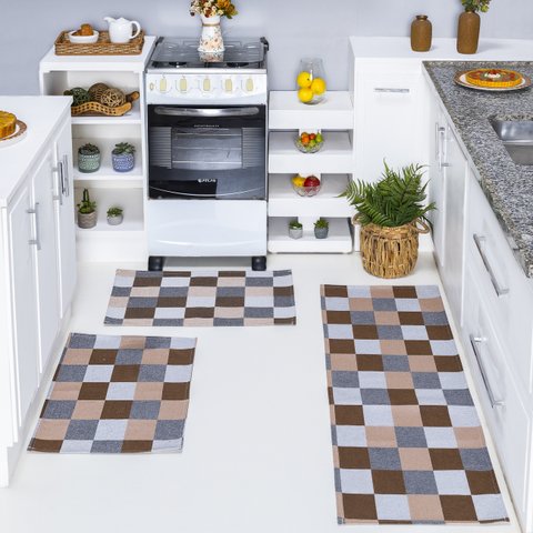 Jogo de Passadeira + Tapete 3 Pç Jacquard Antiderrapante Cozinha Corredor Quarto Sala Geométrico:tab