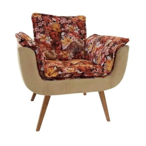 Poltrona Decorativa Opala Composê Estampado Floral e Bege