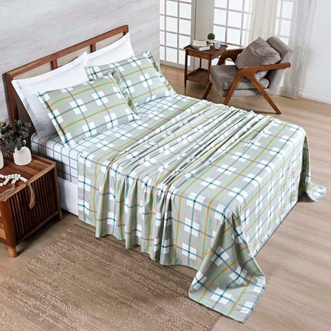 Jogo Cama Lençol Belle Queen 400 Fios Estampado 4 Peças Grid Verde