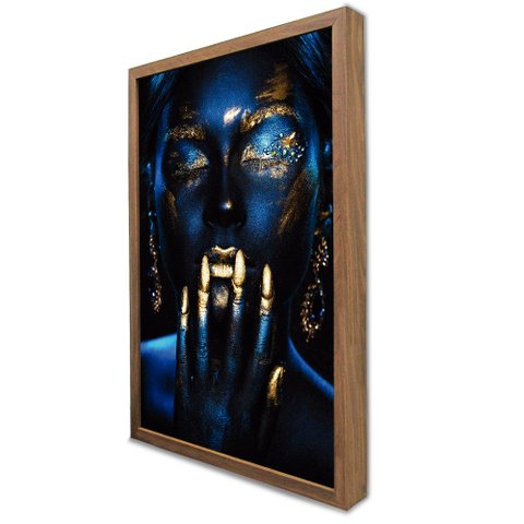 Quadro Decorativo Mulher Azul e Dourada em Moldura Caixa Tacolado Moldura Caixa Alta 4,5cm Madeira C